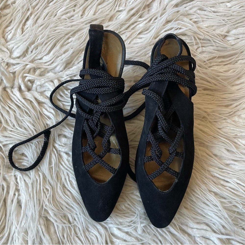 Yves Saint Laurent Dallas Vintage Black Suede Lace Up Ankle Wrap Pumps Size 6.5 - Picture 7 of 12